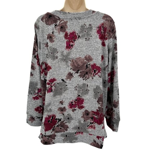 Ellen Tracy Womens Gray/Red Romance Floral Print V-Neck Long Sleeve Top Size L - Picture 3 of 9